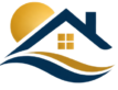 HomeVista logo featuring a modern house and landscape icon in navy blue and gold